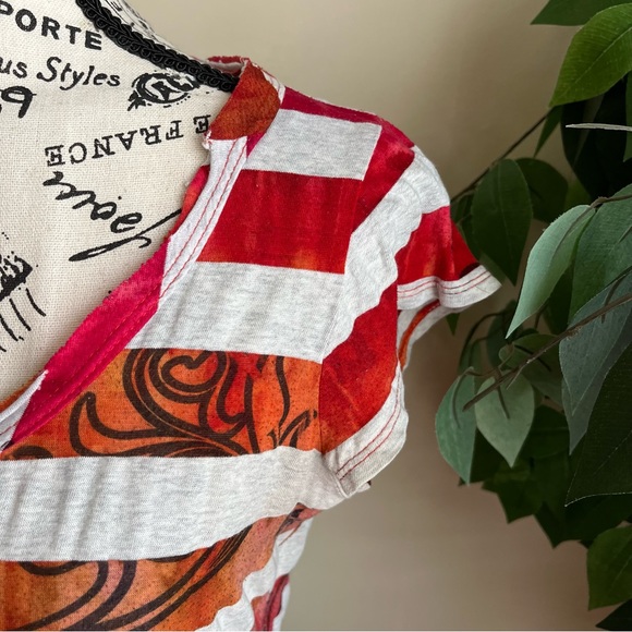 Mandee Striped Short Sleeve Printed T-Shirt Orange Sz M - Picture 2 of 16